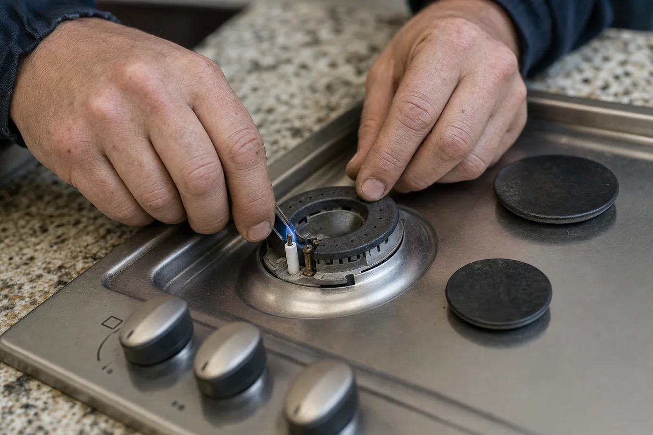 Technician adjusting a gas cooktop burner in a Bronxville kitchen