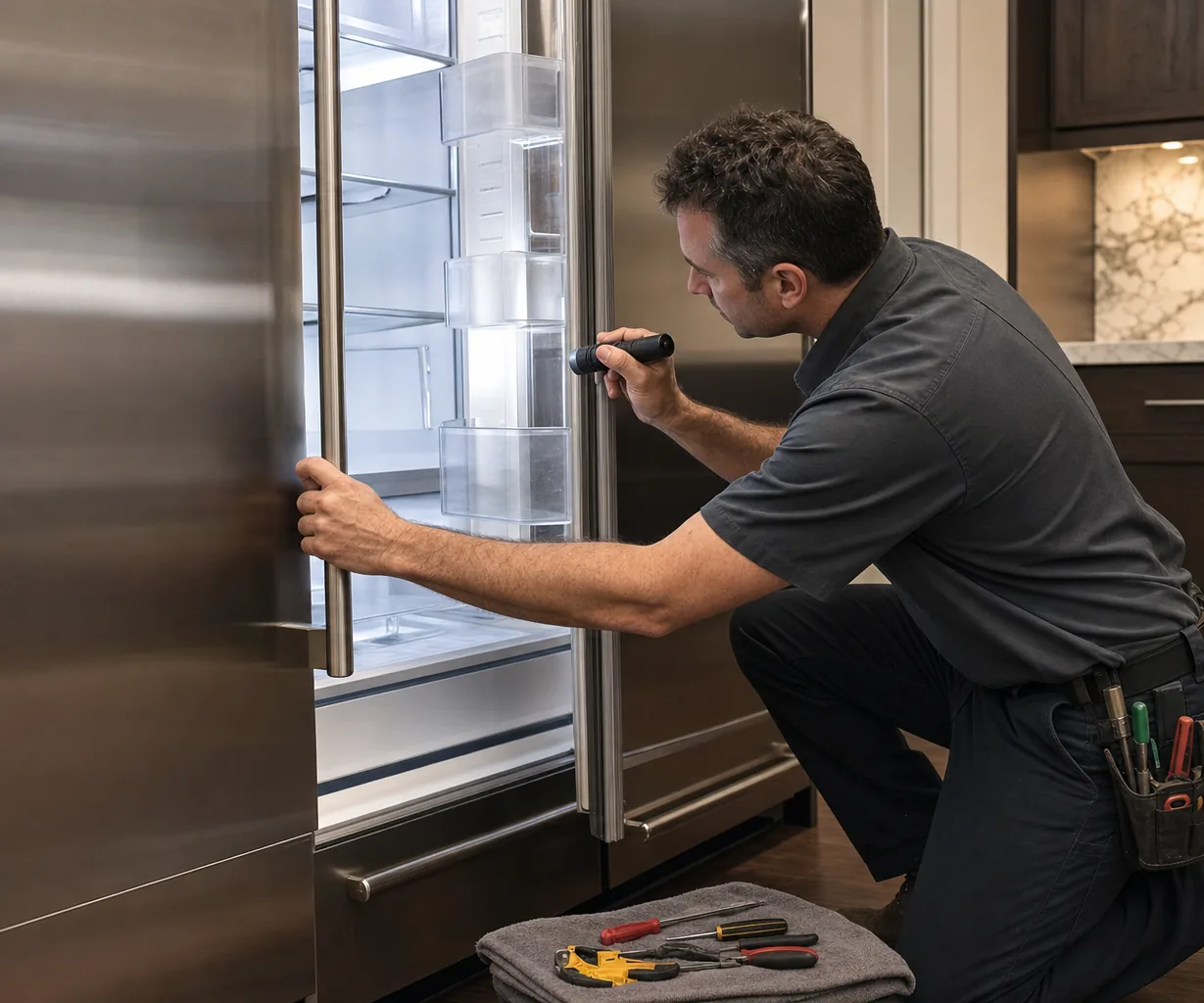 Technician repairing a built-in refrigerator up close
