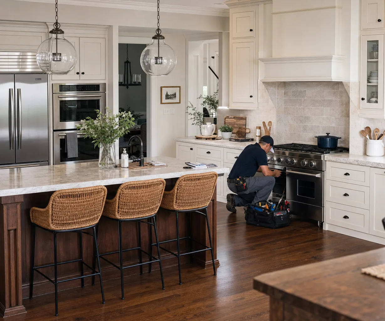 A luxury kitchen with built-in stainless appliances on a same-day visit