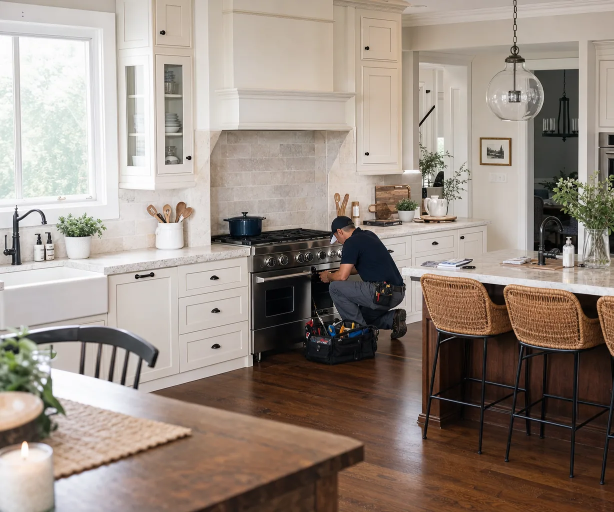 A luxury kitchen with built-in stainless appliances mid-repair